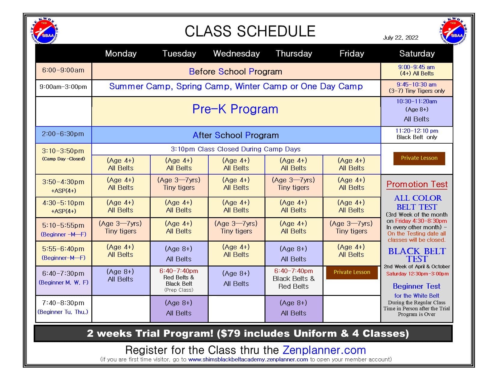 TKD Class Schedule